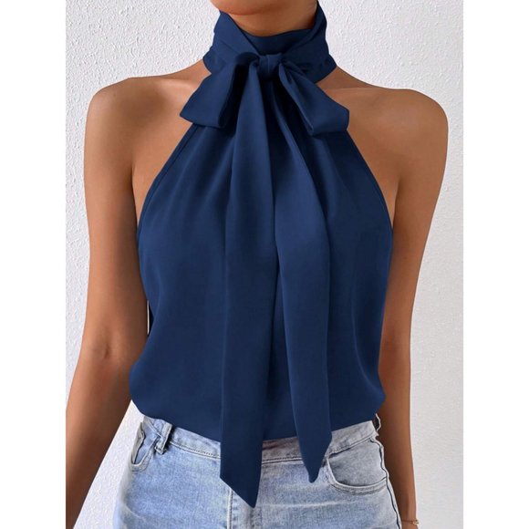 Chic Tie Neck Halter Top Navy Blue - Picture 2 of 6